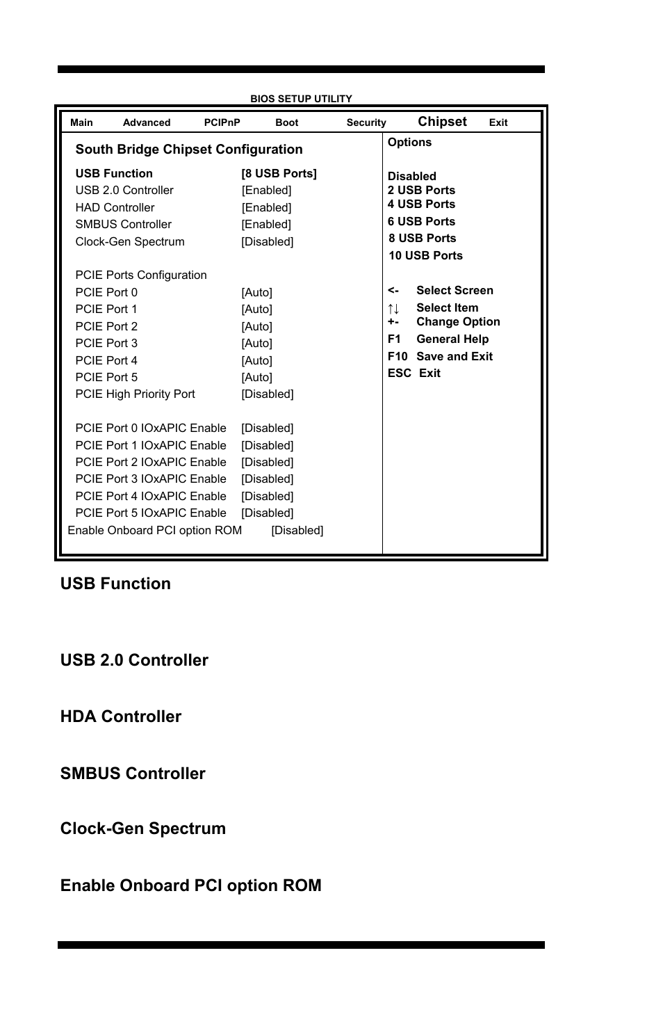 Usb function, Usb 2.0 controller, Hda controller | Smbus controller, Clock-gen spectrum, Enable onboard pci option rom, Bios setup 38, Mi889 user’s manual, This option is disabled by default, This option is enabled by default | IBASE MI889 User Manual | Page 42 / 66
