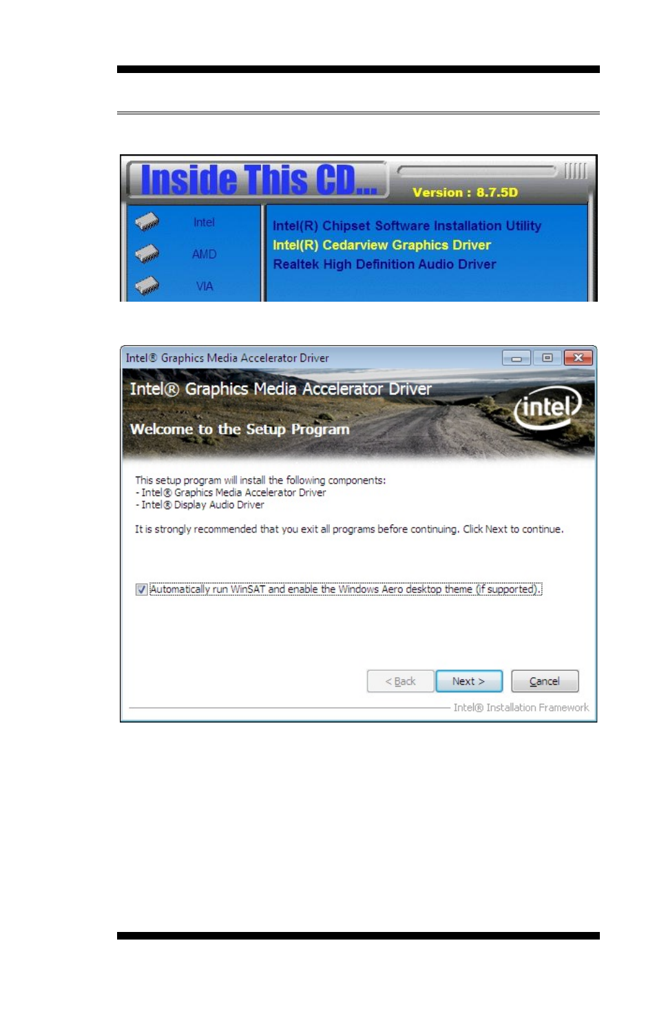 Vga drivers installation, Click intel(r) cedarview graphics driver, On setup progress screen, click next to continue | IBASE MI802 User Manual | Page 47 / 62