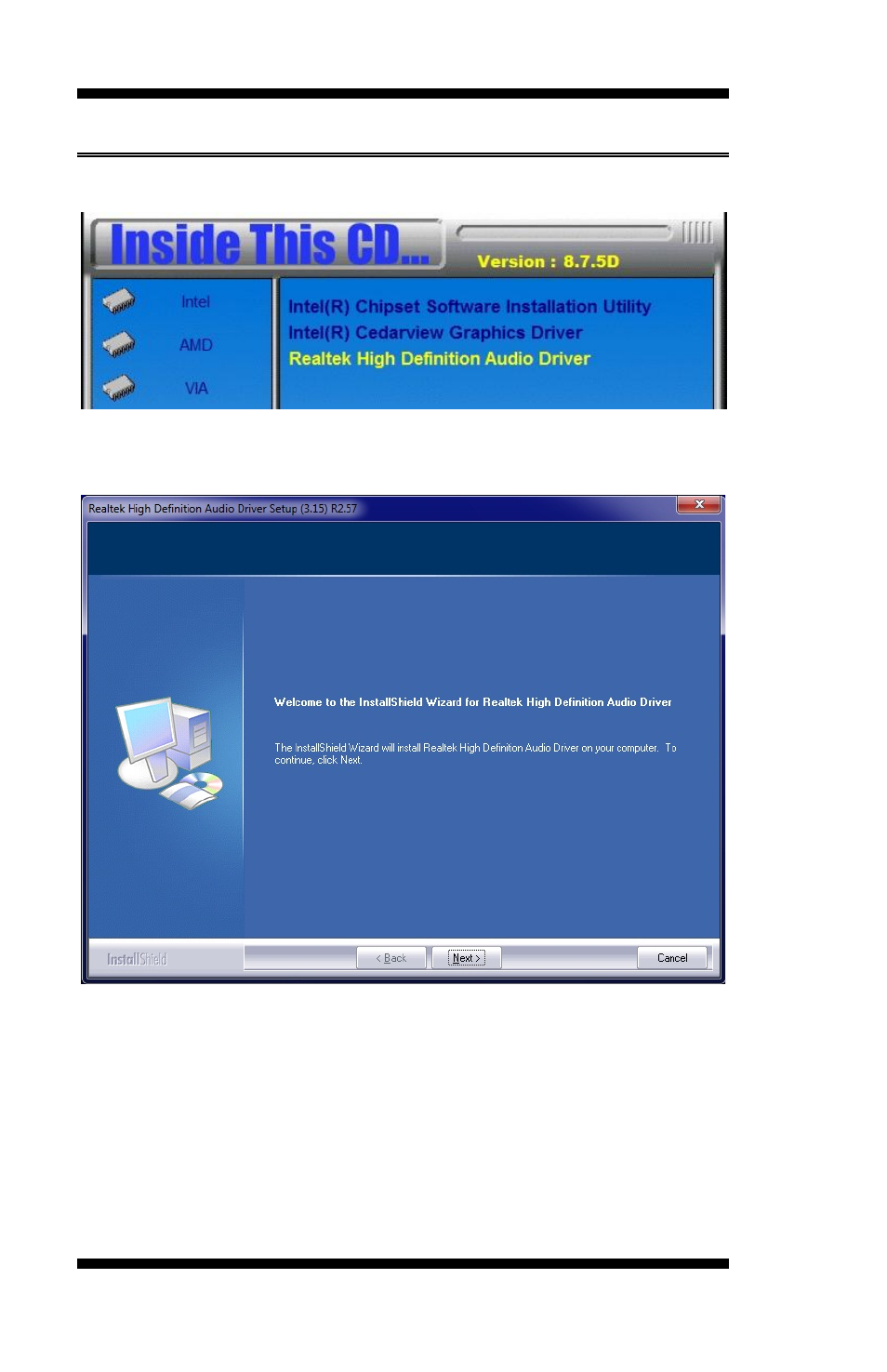 Realtek hd audio driver installation, Click realtek high definition audio driver, Restart the computer when prompted | Drivers installation 44, Mi802 user’s manual | IBASE MI802 User Manual | Page 48 / 62