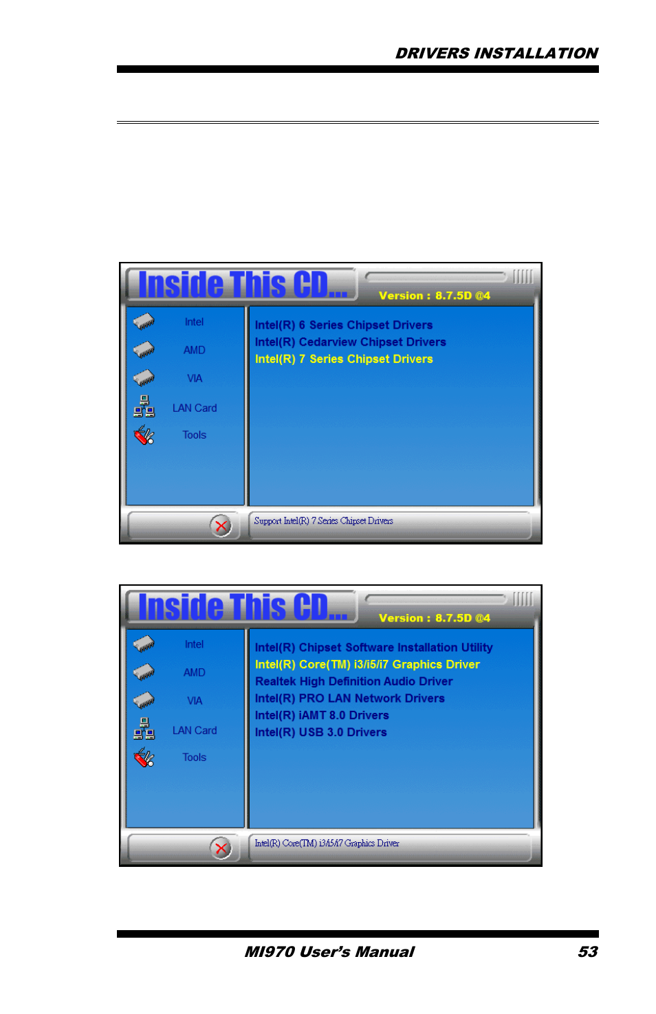 Vga drivers installation, Click intel(r) q77 chipset family graphics driver | IBASE MI970 User Manual | Page 57 / 76