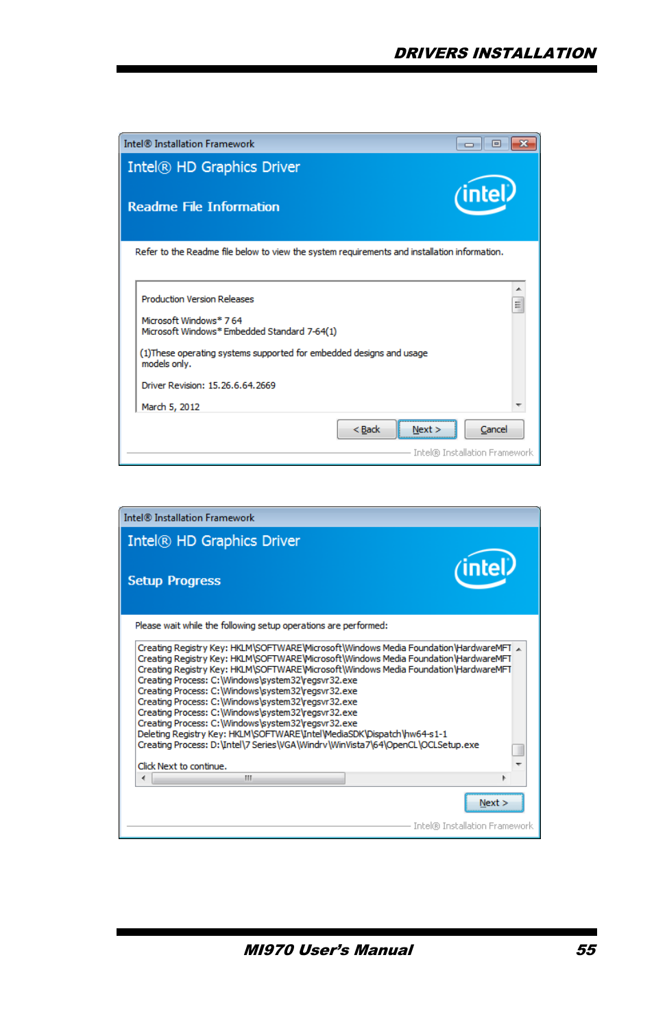 On setup progress screen, click next to continue, Drivers installation | IBASE MI970 User Manual | Page 59 / 76