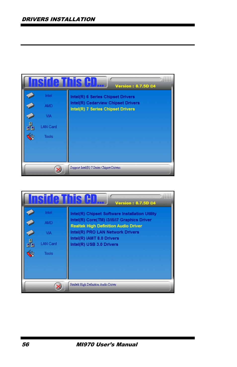 Realtek hd audio driver installation, Click realtek high definition audio driver | IBASE MI970 User Manual | Page 60 / 76