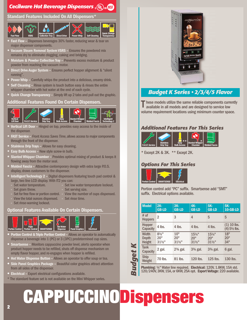 Cappuccino dispensers, Budget k, Budget k series • 2/3/4/5 flavor | Additional features found on certain dispensers, Optional features available on certain dispensers | Cecilware 2K-GB-LD User Manual | Page 2 / 12