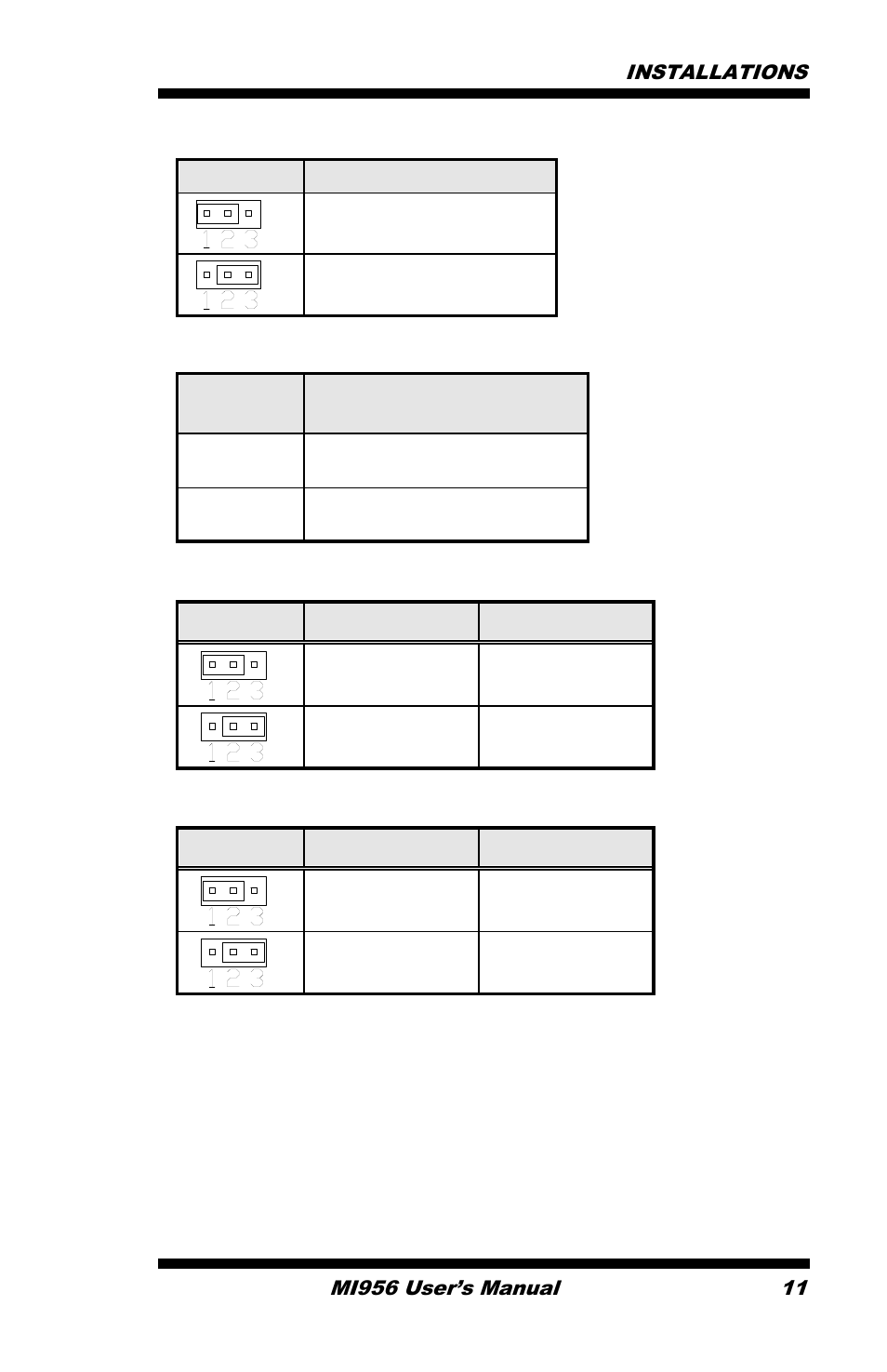 J10: lcd panel power selection, J10 lcd panel power, J14 flash descriptor security override open | Disabled (default) close, Enabled j22: clear me contents, J22 setting function, Pin 1-2 short/closed normal, J23 setting function, Pin 2-3 short/closed clear cmos | IBASE MI956 User Manual | Page 15 / 76