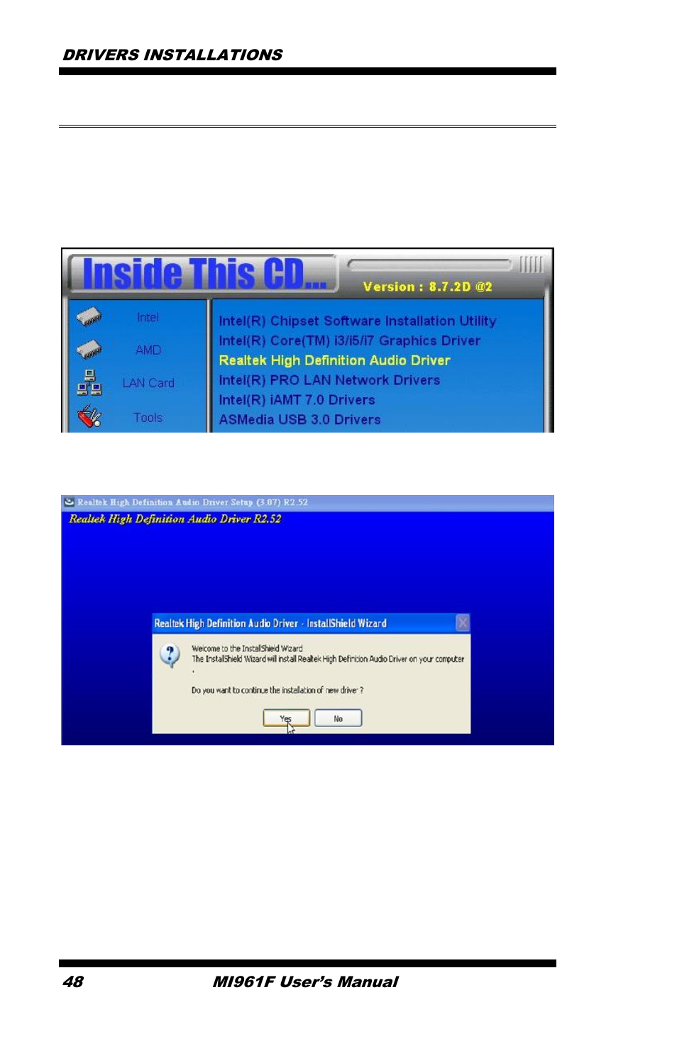 Realtek hd audio driver installation, Click realtek high definition audio driver | IBASE MI961 User Manual | Page 52 / 64