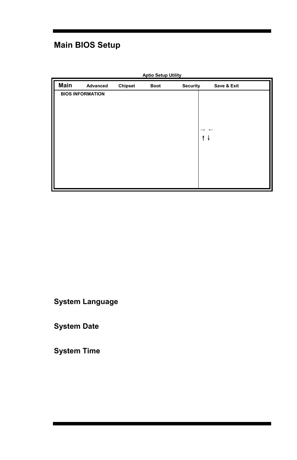 Main bios setup, System date, System time | Choose the system default language | IBASE MI953 User Manual | Page 29 / 66