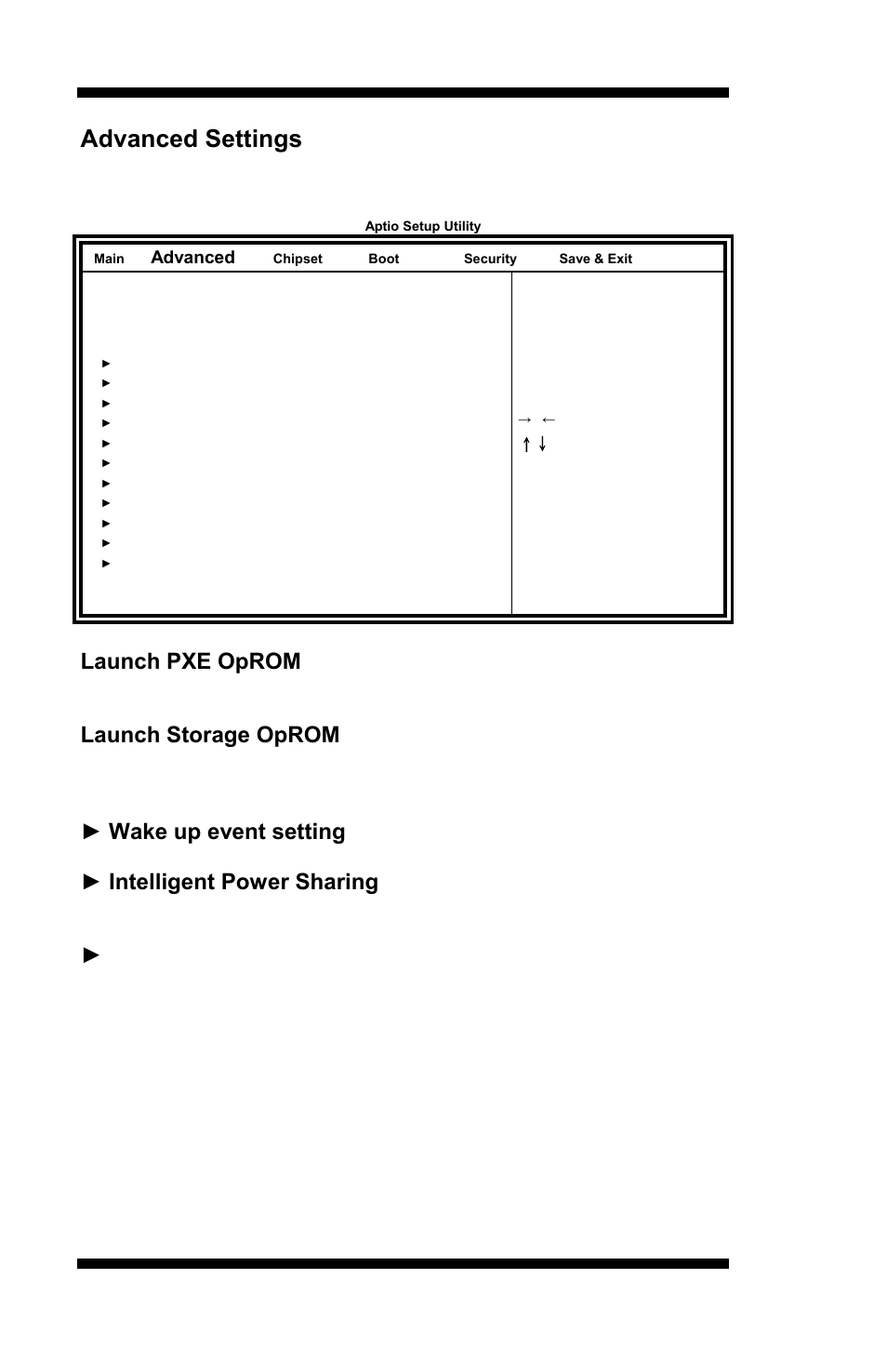 Advanced settings, Launch pxe oprom, Launch storage oprom | Wake up event setting, Intelligent power sharing, Mxm 3.0/hybrid graphics, Bios setup, Mi953 user’s manual, Enable/disable wake up event, Enable/disable the mxm 3.0 support | IBASE MI953 User Manual | Page 30 / 66