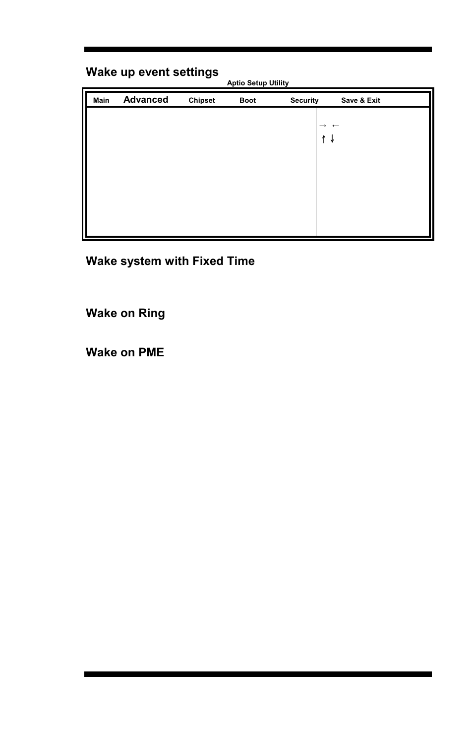 Wake up event settings, Wake system with fixed time, Wake on ring | Wake on pme, The options are disabled and enabled | IBASE MI953 User Manual | Page 33 / 66