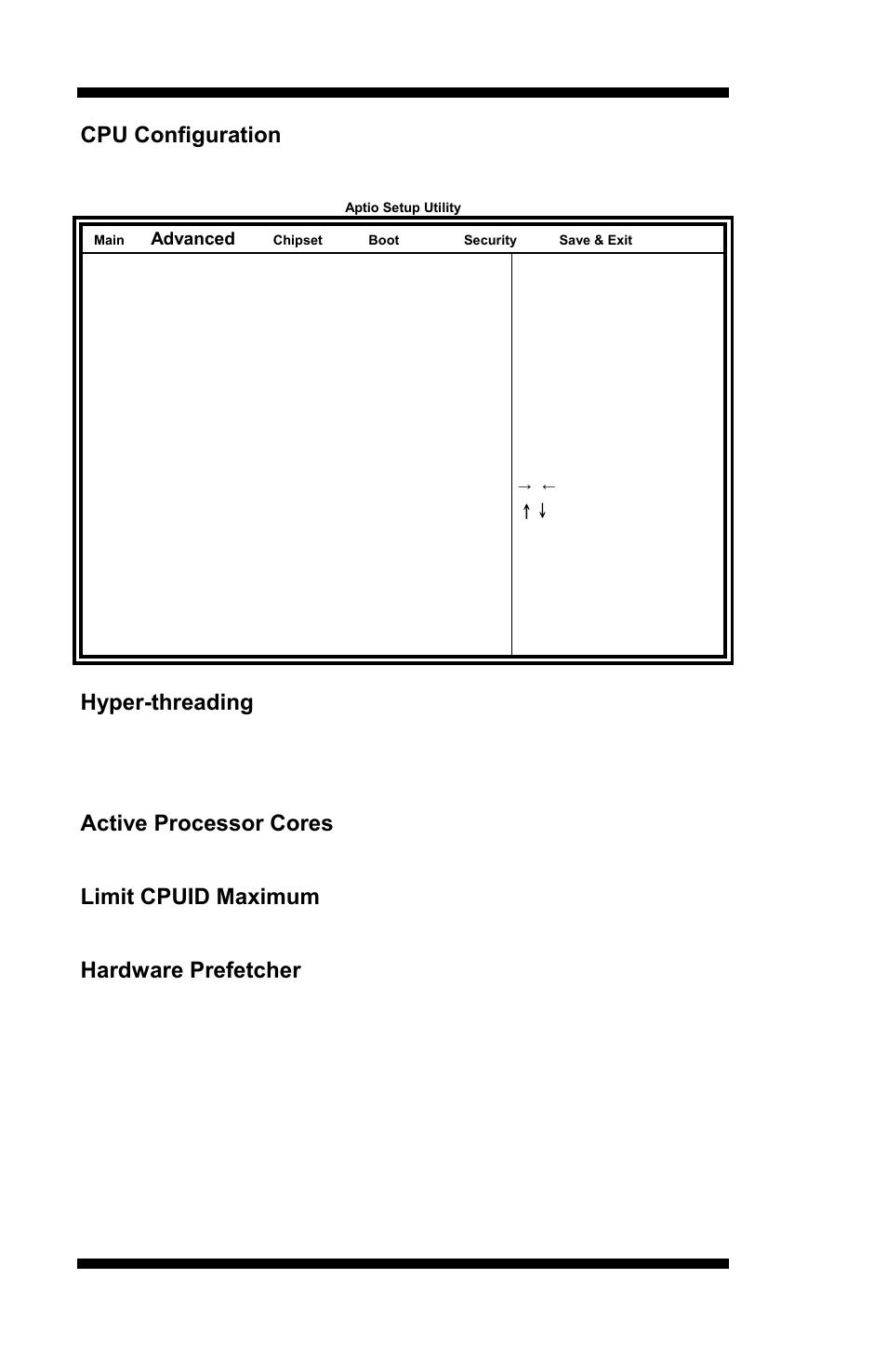 Hyper-threading, Active processor cores, Limit cpuid maximum | Hardware prefetcher, Bios setup, Mi953 user’s manual, Disabled for windows xp | IBASE MI953 User Manual | Page 34 / 66
