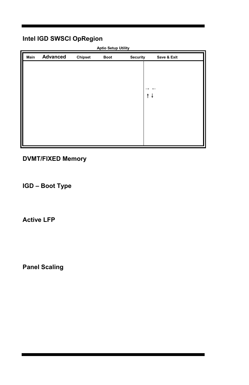 Intel igd swsci opregion, Igd – boot type, Active lfp | Panel scaling, Bios setup, Mi953 user’s manual | IBASE MI953 User Manual | Page 36 / 66