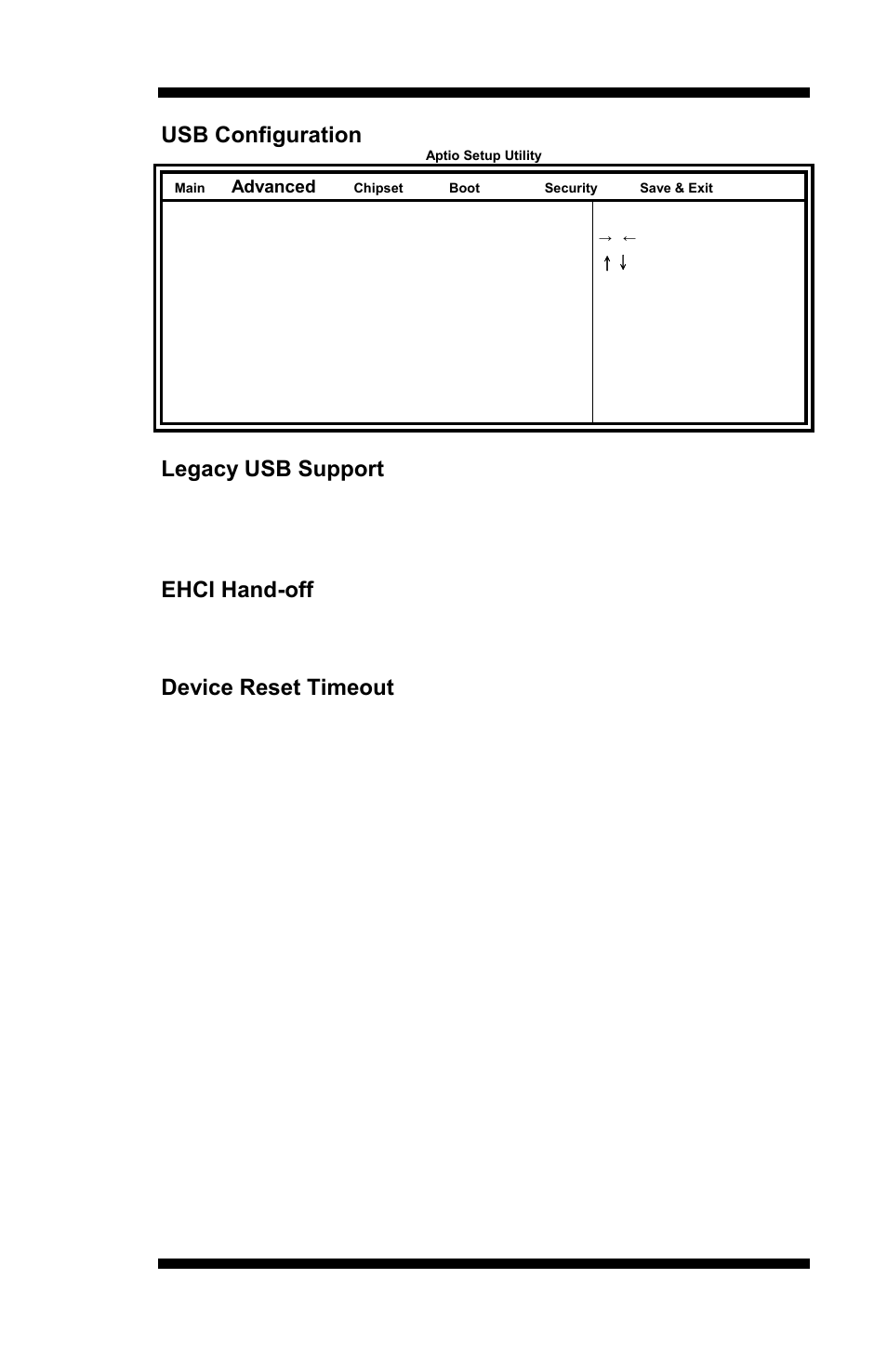 Usb configuration, Legacy usb support, Ehci hand-off | Device reset timeout | IBASE MI953 User Manual | Page 37 / 66