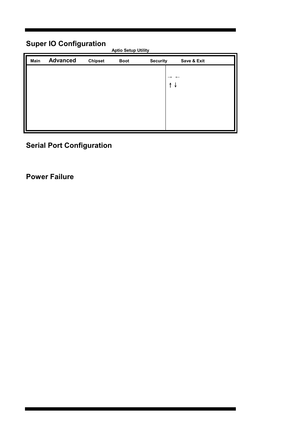 Super io configuration, Serial port configuration, Power failure | Bios setup, Mi953 user’s manual | IBASE MI953 User Manual | Page 38 / 66