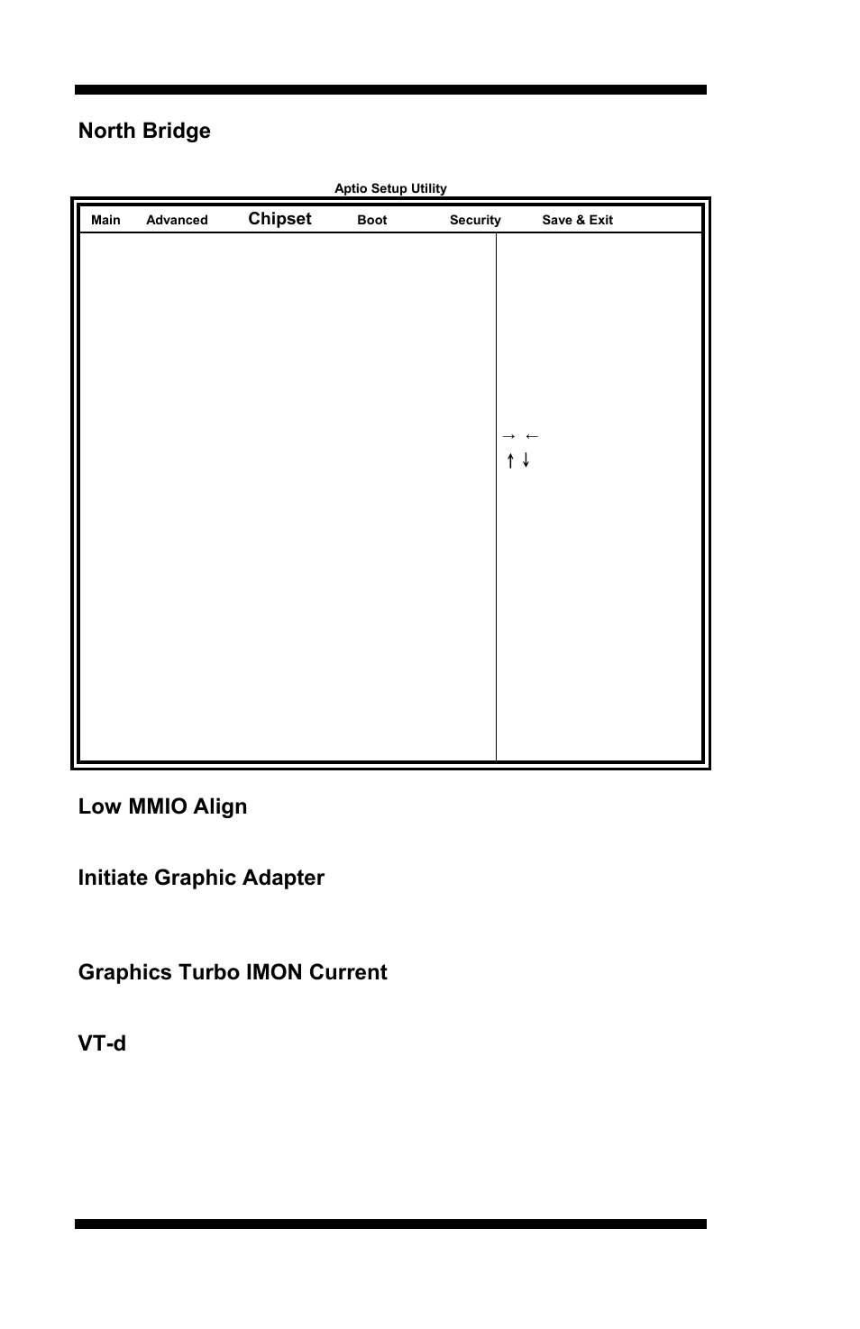 Low mmio align, Initiate graphic adapter, Graphics turbo imon current | Vt-d, Bios setup, Mi953 user’s manual, Vt-d enable/disable | IBASE MI953 User Manual | Page 42 / 66