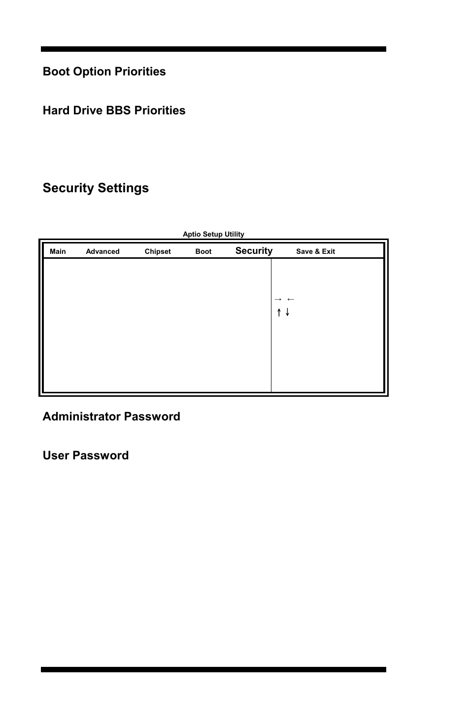 Security settings, Boot option priorities, Hard drive bbs priorities | Administrator password, User password, Bios setup, Mi953 user’s manual | IBASE MI953 User Manual | Page 46 / 66