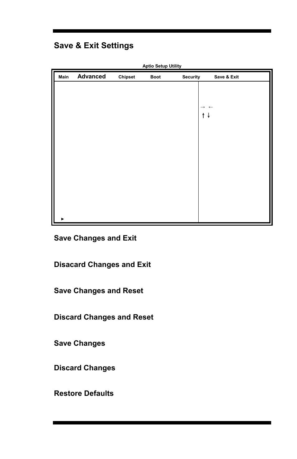 Save & exit settings, Discard changes, Restore defaults | IBASE MI953 User Manual | Page 47 / 66