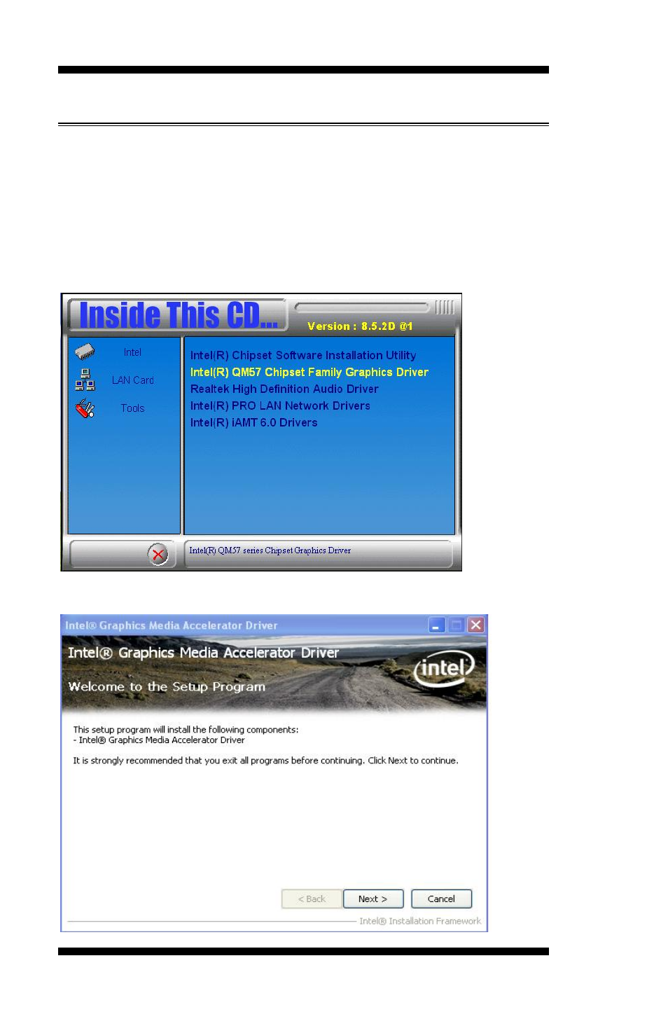 Vga drivers installation, Click intel(r) qm57 chipset family graphics driver | IBASE MI953 User Manual | Page 52 / 66