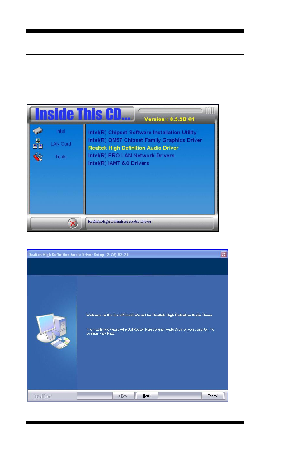 Realtek hd audio driver installation, Click realtek high definition audio driver, Driver installation | Mi953 user’s manual | IBASE MI953 User Manual | Page 54 / 66