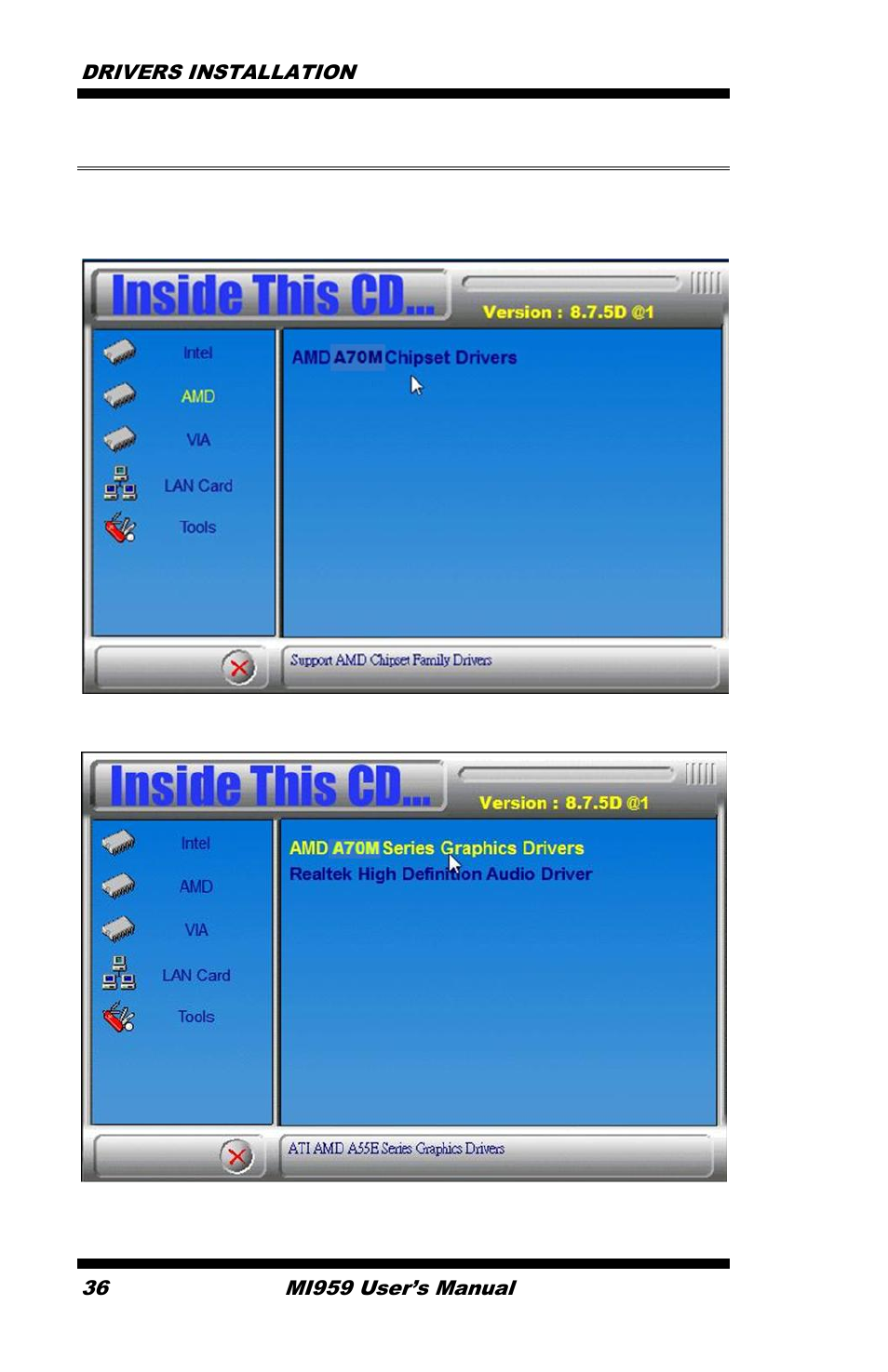 Vga drivers installation, Click amd a70m series graphics drivers | IBASE MI959 User Manual | Page 40 / 52