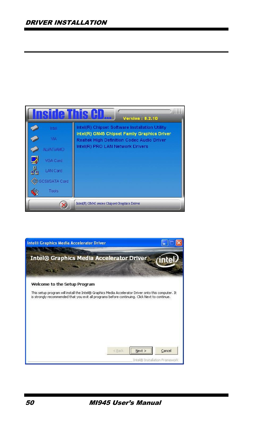 Vga drivers installation, Click intel(r) gm45 chipset family graphics driver | IBASE MI945 User Manual | Page 54 / 64