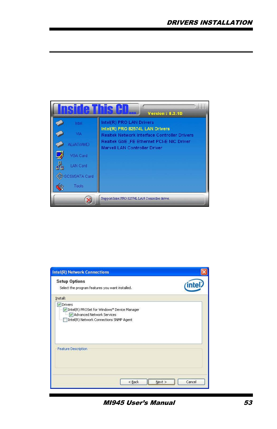 Lan drivers installation | IBASE MI945 User Manual | Page 57 / 64