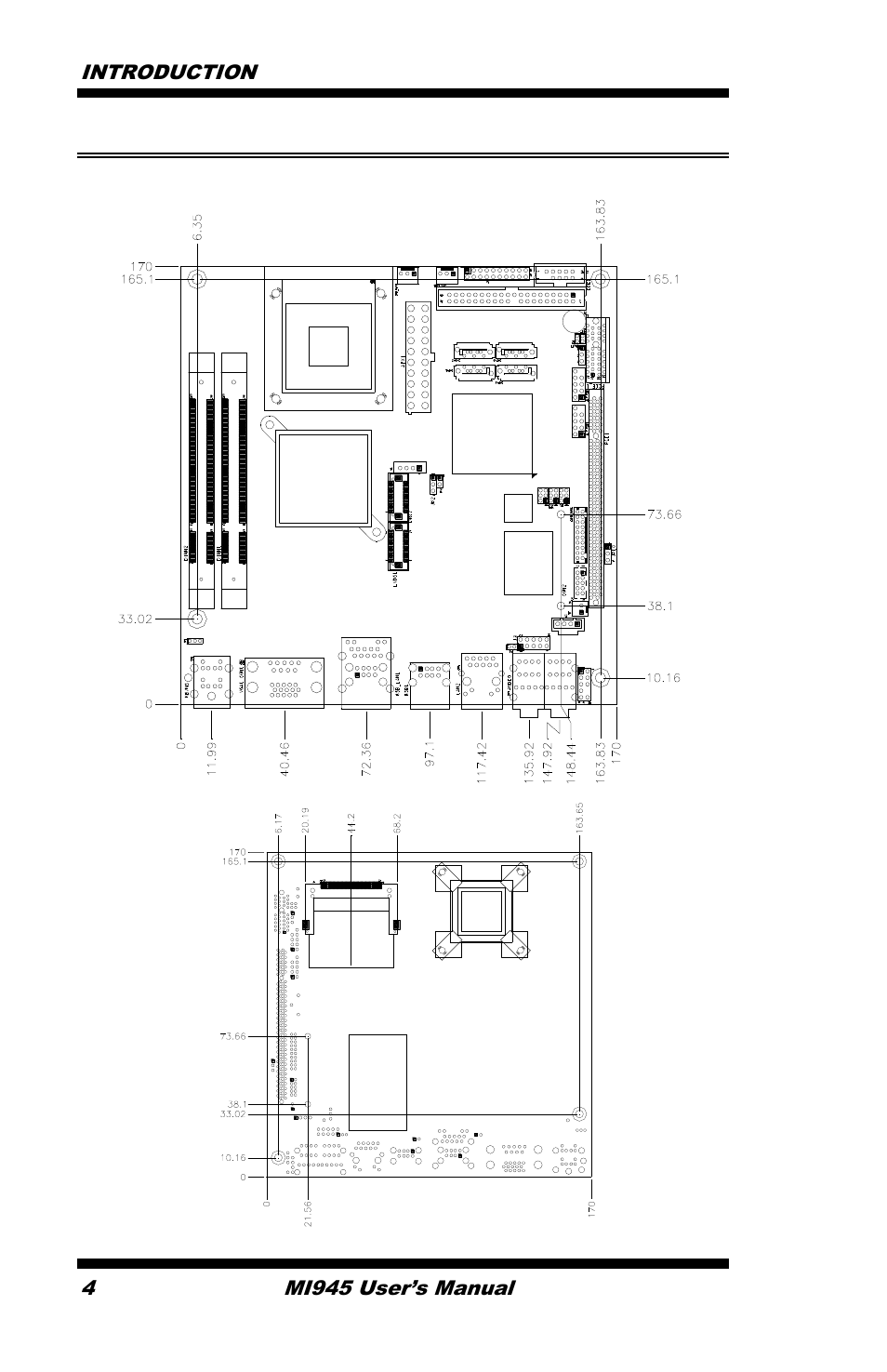 Board dimensions, Introduction 4, Mi945 user’s manual | IBASE MI945 User Manual | Page 8 / 64