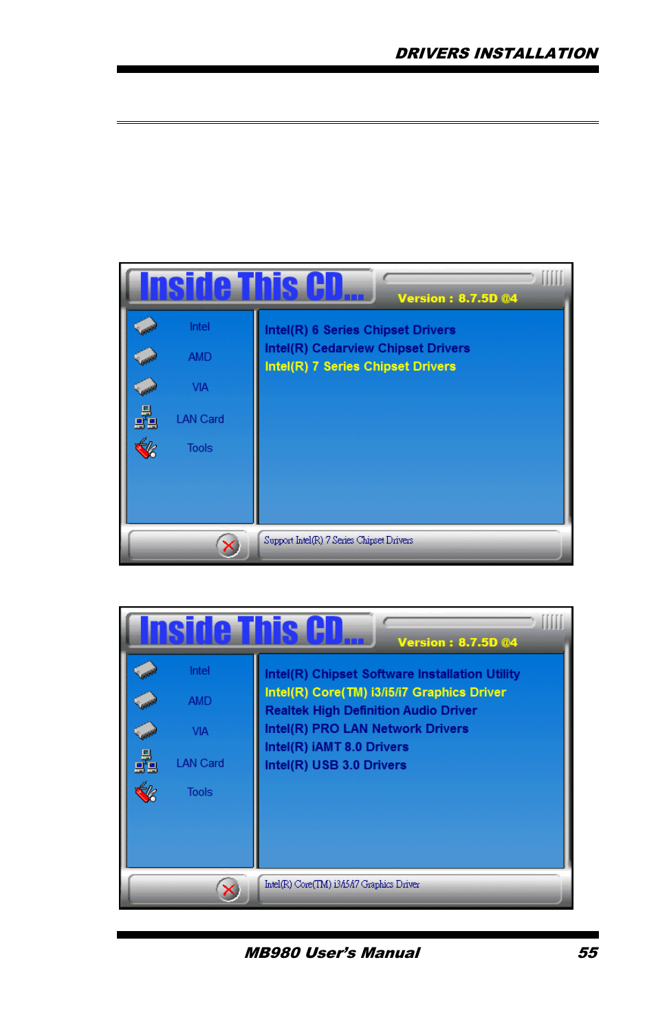 Vga drivers installation, Click intel(r) q77 chipset family graphics driver | IBASE MB980 User Manual | Page 59 / 80