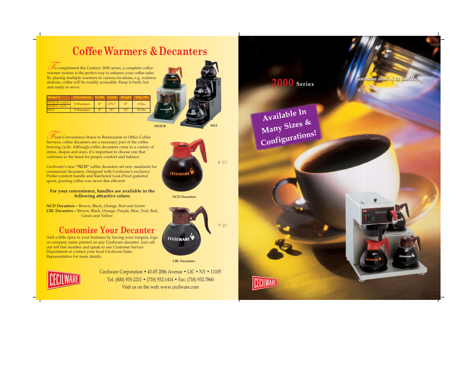 Century, Coffee warmers &decanters, Customize your decanter | Cecilware 2000 Series User Manual | Page 4 / 4