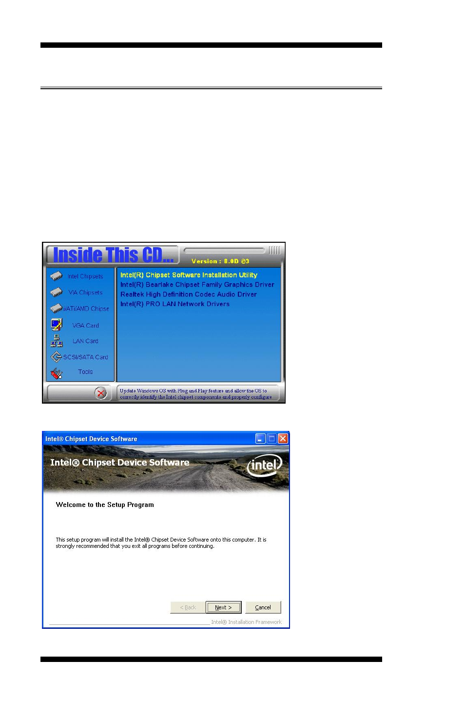 Intel q35 chipset software installation utility, Intel chipset software installation utility | IBASE MB930 User Manual | Page 60 / 68