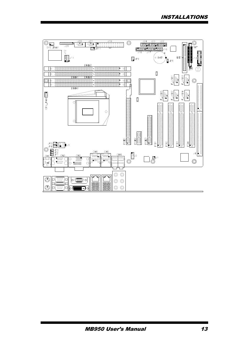 Connector locations on mb950, Installations | IBASE MB950 User Manual | Page 17 / 65