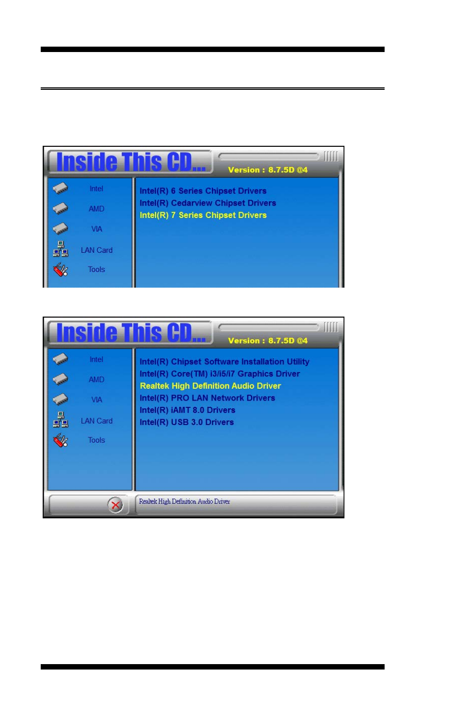 Realtek hd audio driver installation, Click realtek high definition audio driver | IBASE MB961 User Manual | Page 62 / 78