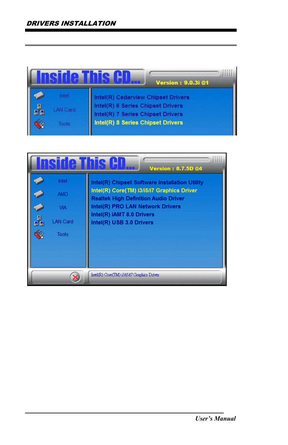 Vga drivers installation, Click intel(r) core(tm) i3/i5/i7 graphics driver | IBASE MB968 User Manual | Page 60 / 76