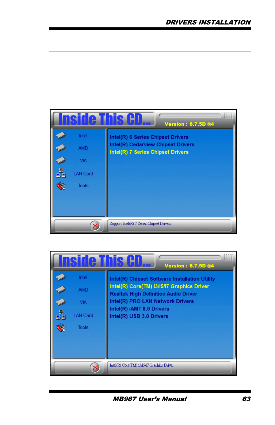 Vga drivers installation, Click intel(r) c216 chipset family graphics driver | IBASE MB967 User Manual | Page 63 / 76