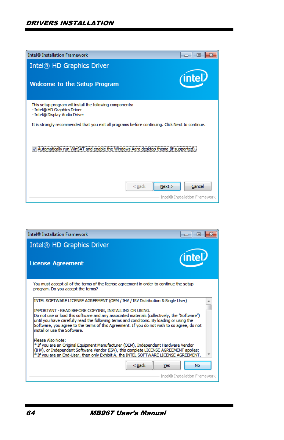 Drivers installation 64, Mb967 user’s manual | IBASE MB967 User Manual | Page 64 / 76