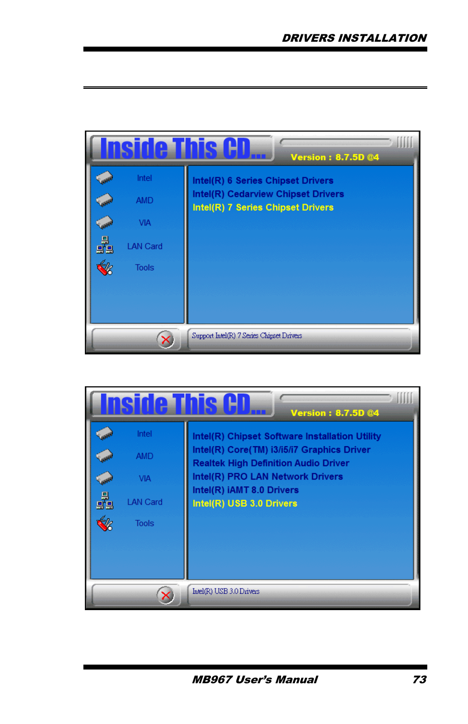 Intel® usb 3.0 drivers | IBASE MB967 User Manual | Page 73 / 76