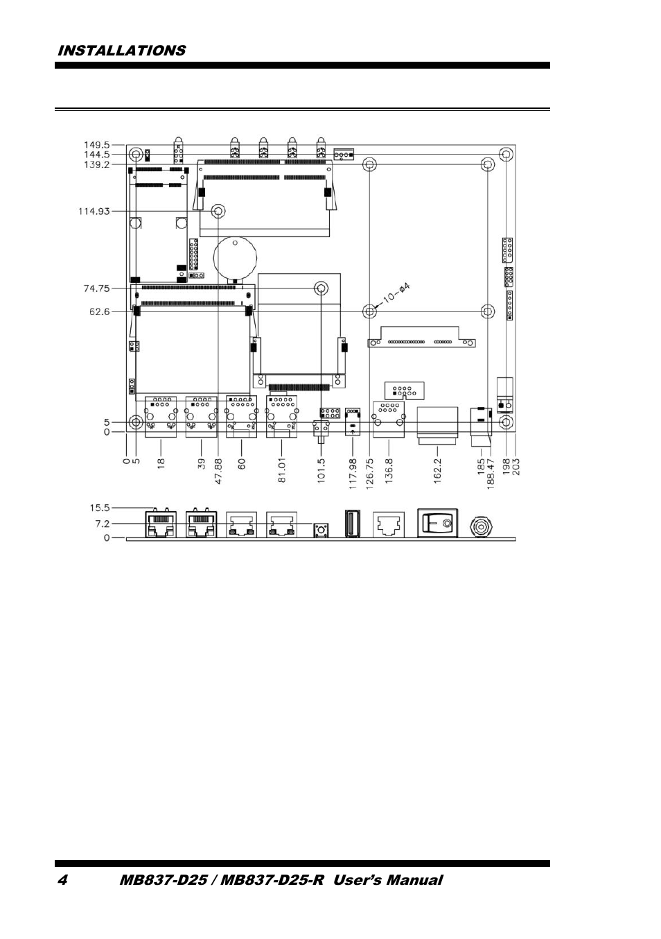 Board dimensions, Installations 4 | IBASE MB837-D25 User Manual | Page 10 / 61