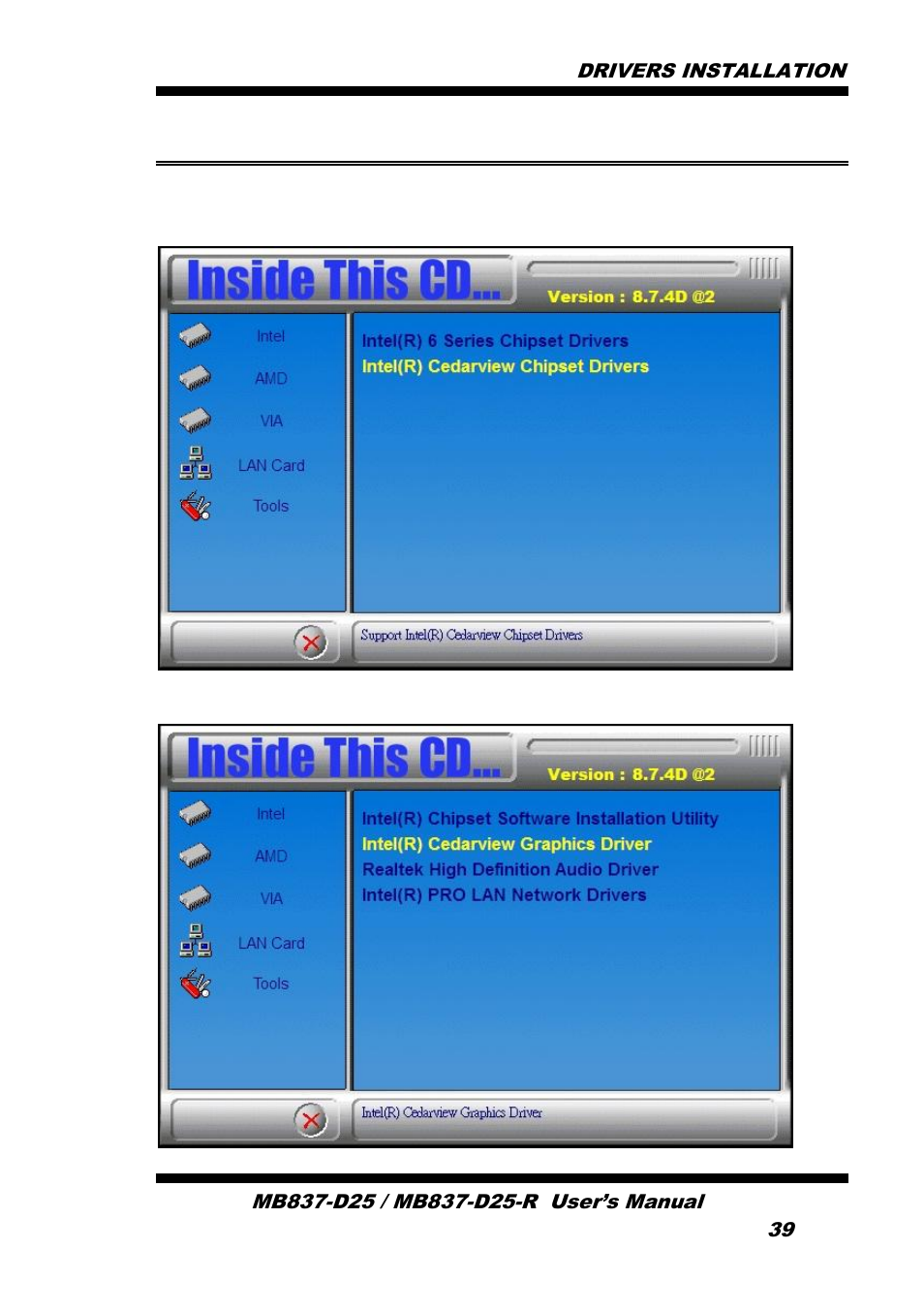 Vga drivers installation | IBASE MB837-D25 User Manual | Page 45 / 61