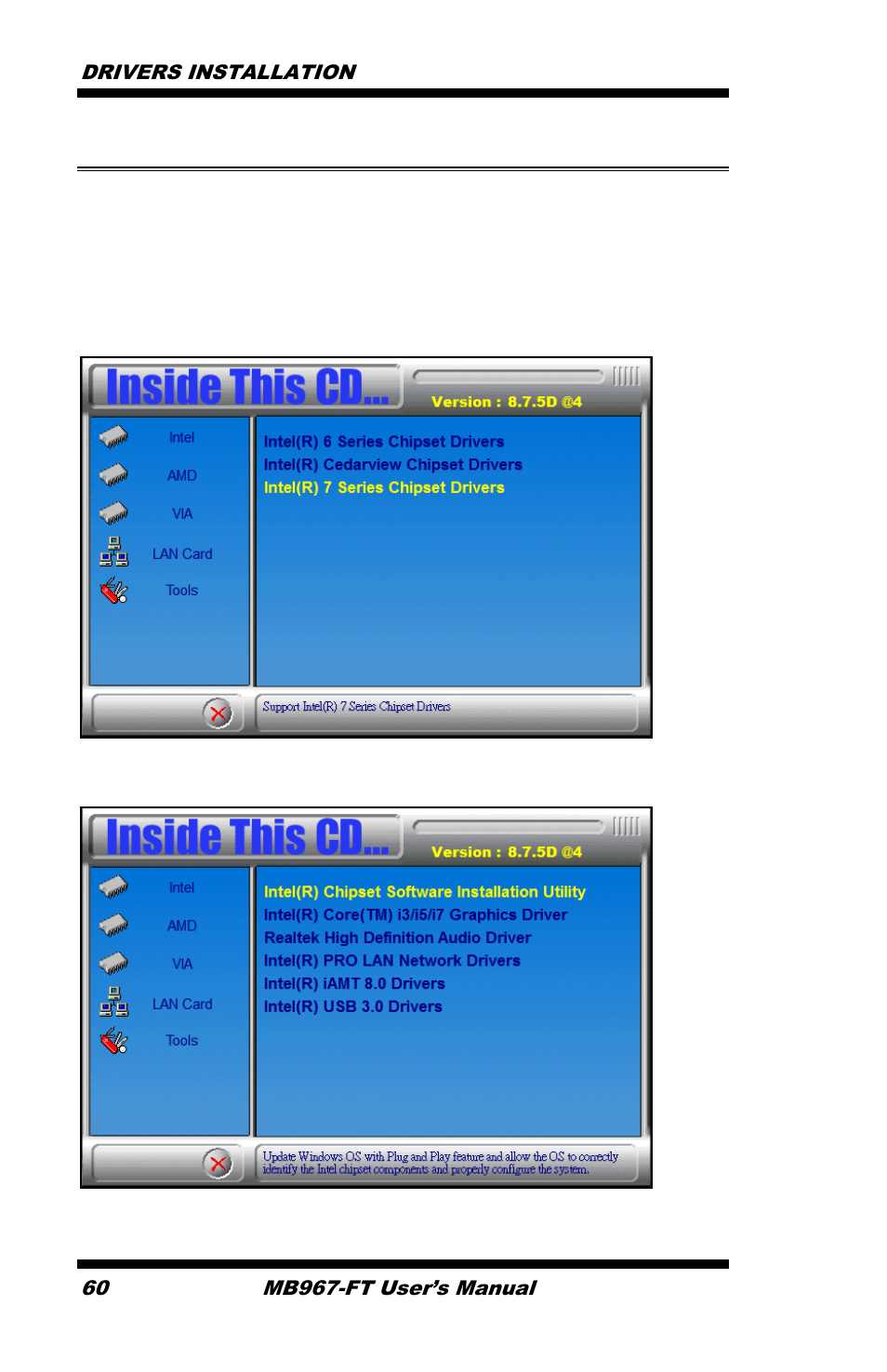 Intel chipset software installation utility, Drivers installation 60, Mb967-ft user’s manual | IBASE MB967-FT User Manual | Page 60 / 76