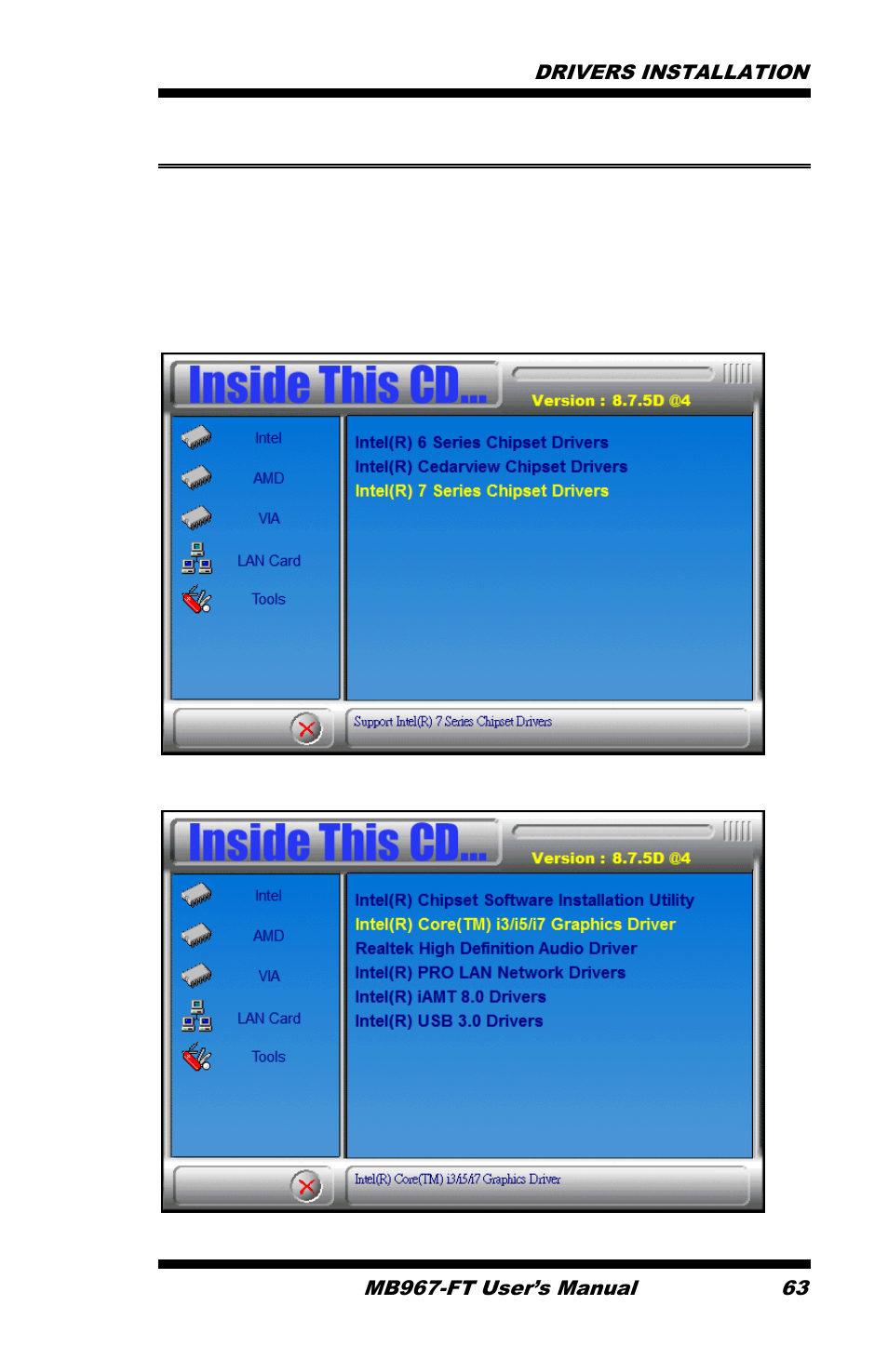 Vga drivers installation, Click intel(r) c216 chipset family graphics driver | IBASE MB967-FT User Manual | Page 63 / 76