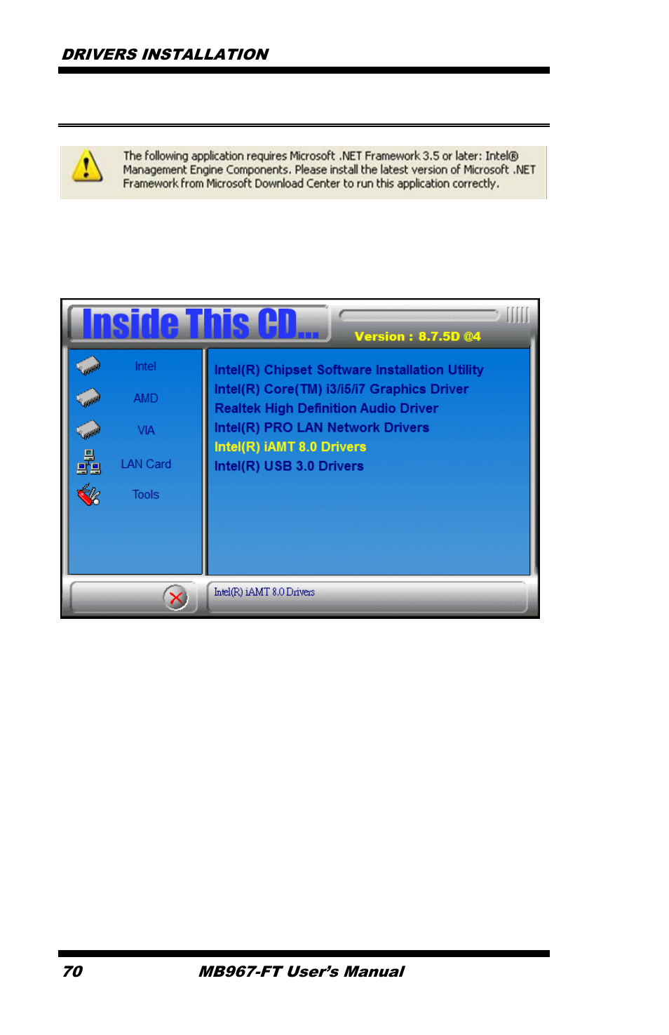 Intel® management engine interface, Drivers installation 70, Mb967-ft user’s manual | IBASE MB967-FT User Manual | Page 70 / 76