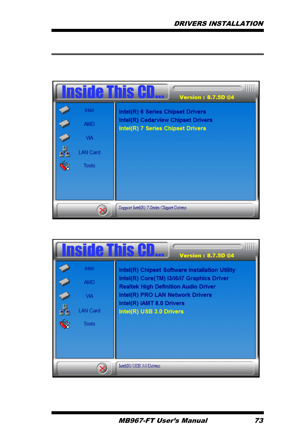 Intel® usb 3.0 drivers | IBASE MB967-FT User Manual | Page 73 / 76