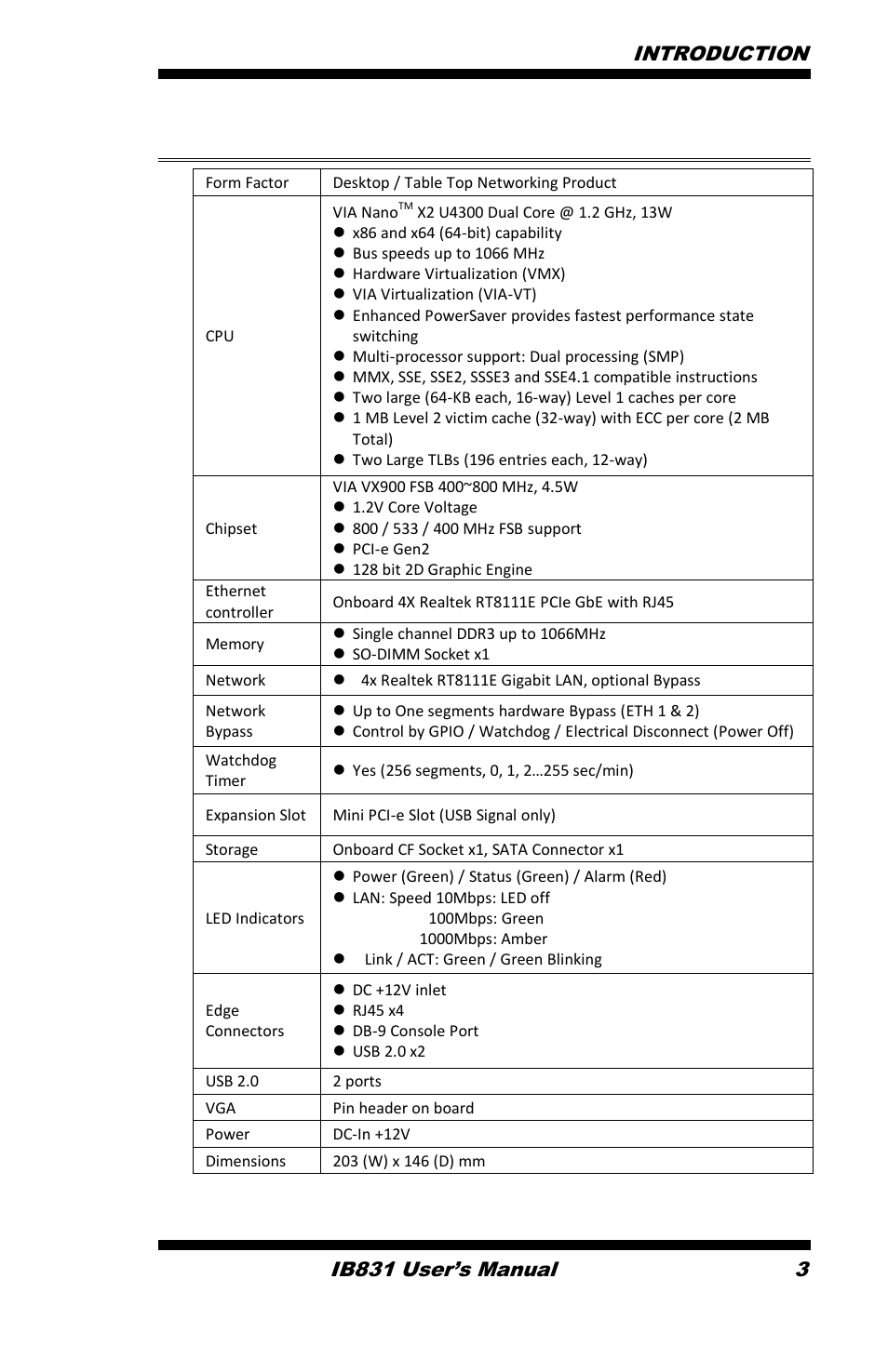 Specifications, Introduction ib831 user’s manual 3 | IBASE IB831 User Manual | Page 7 / 54