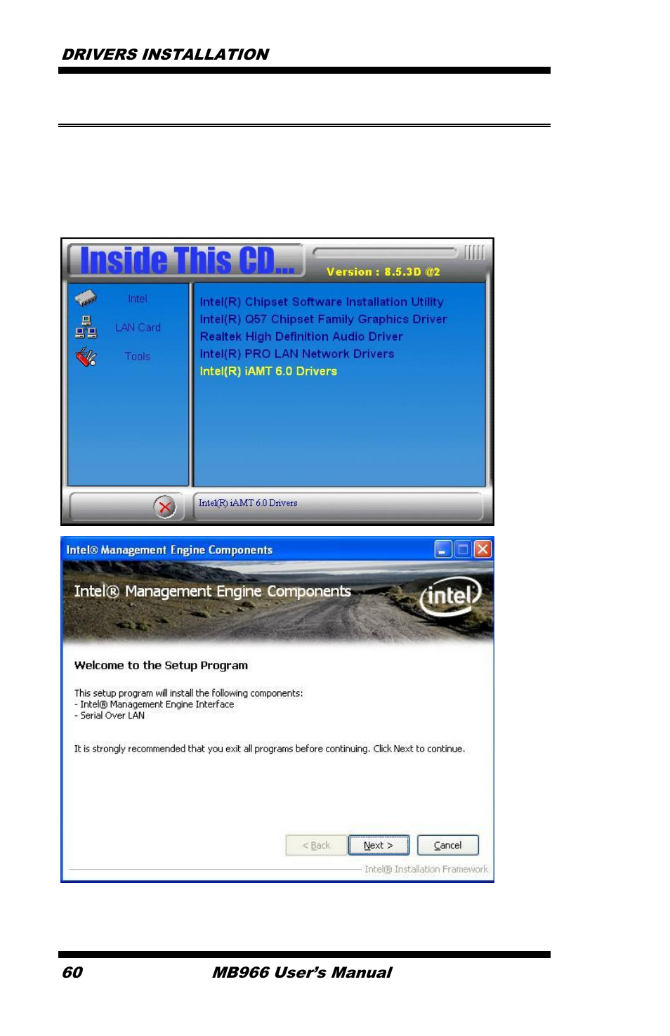 Intel® management engine interface, Drivers installation 60, Mb966 user’s manual | IBASE MB966 User Manual | Page 66 / 68