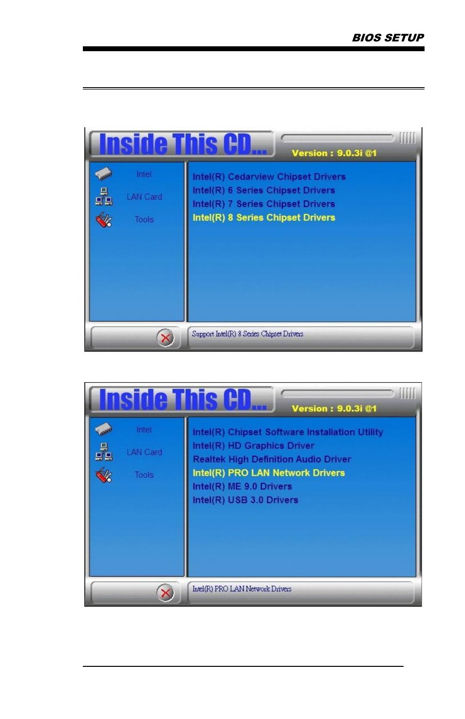 Lan drivers installation, Bios setup | IBASE MB838 User Manual | Page 45 / 51