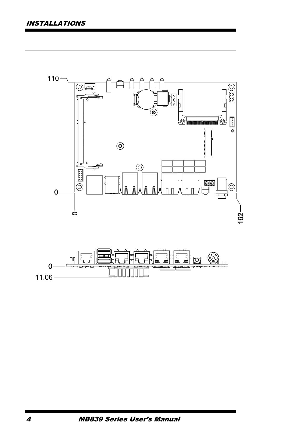 Board dimensions, Unit: mm, Installations 4 | Mb839 series user’s manual | IBASE MB839 User Manual | Page 10 / 53