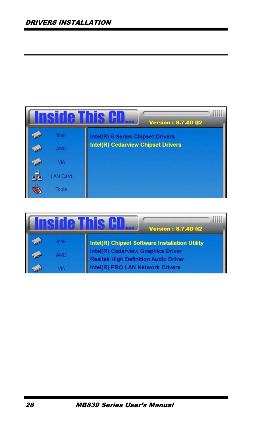 Intel chipset software installation utility, Drivers installation 28, Mb839 series user’s manual | IBASE MB839 User Manual | Page 34 / 53