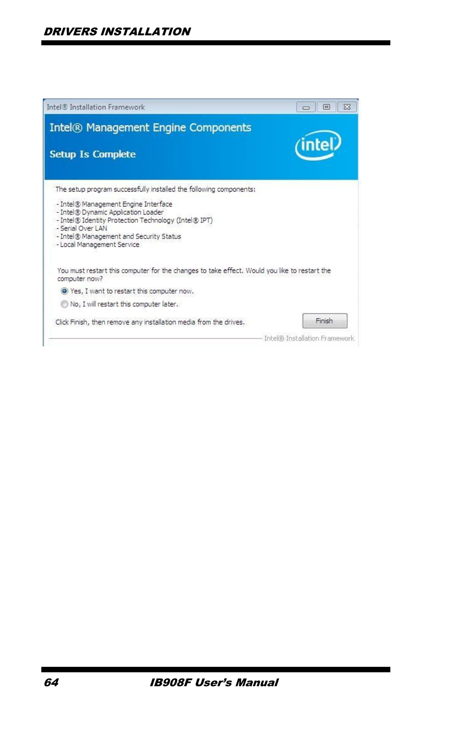 Drivers installation, Ib908f user’s manual | IBASE IB908 User Manual | Page 68 / 76