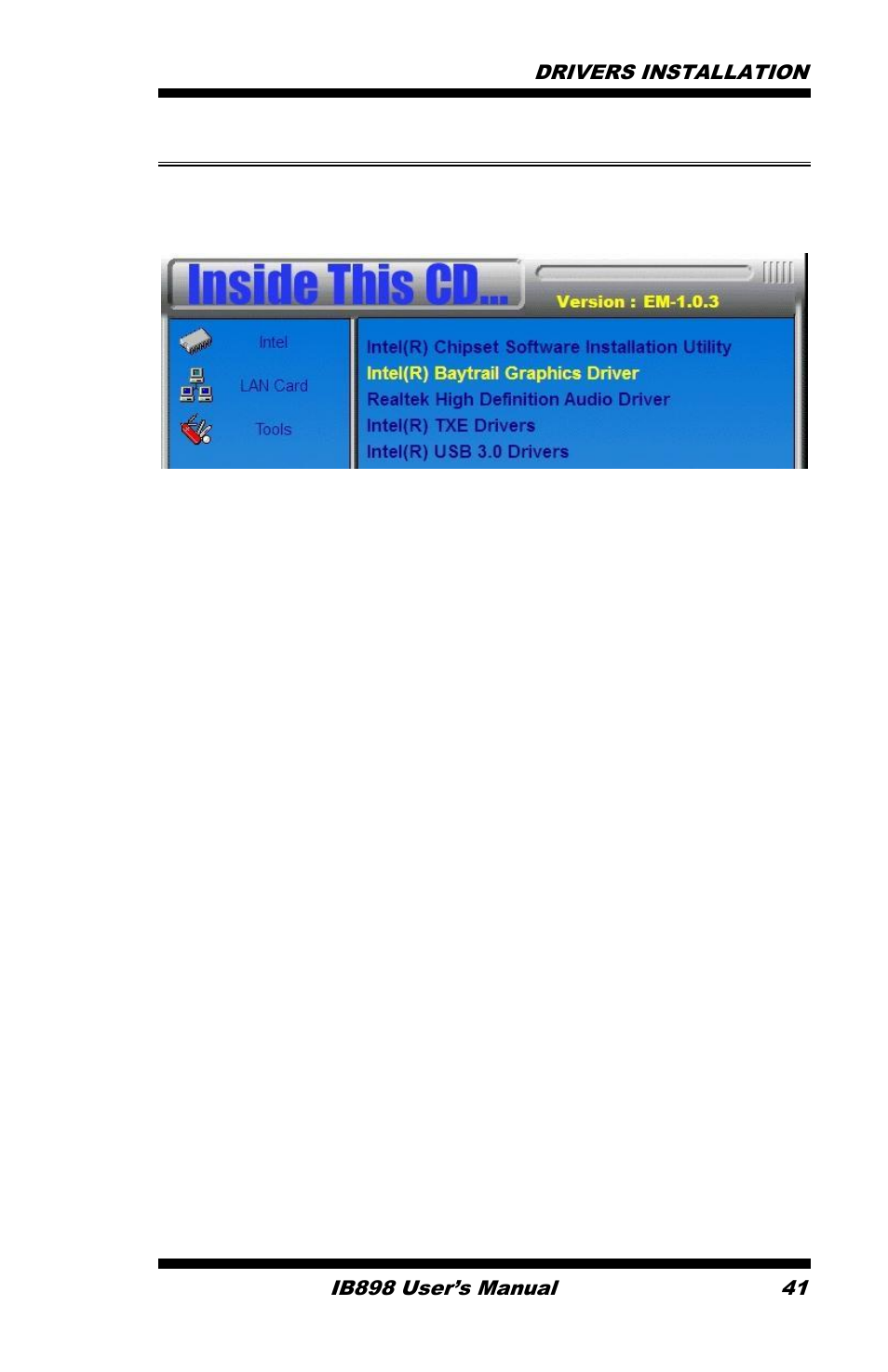 Intel® usb 3.0 drivers | IBASE IB898 User Manual | Page 45 / 58