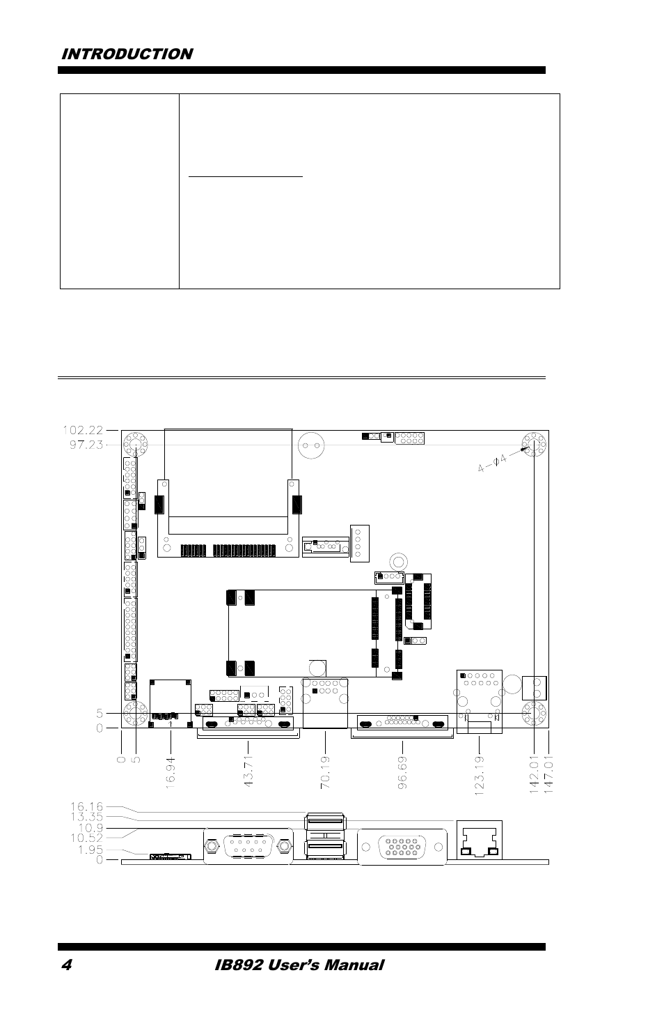 Board dimensions, Introduction 4, Ib892 user’s manual | IBASE IB892 User Manual | Page 8 / 56