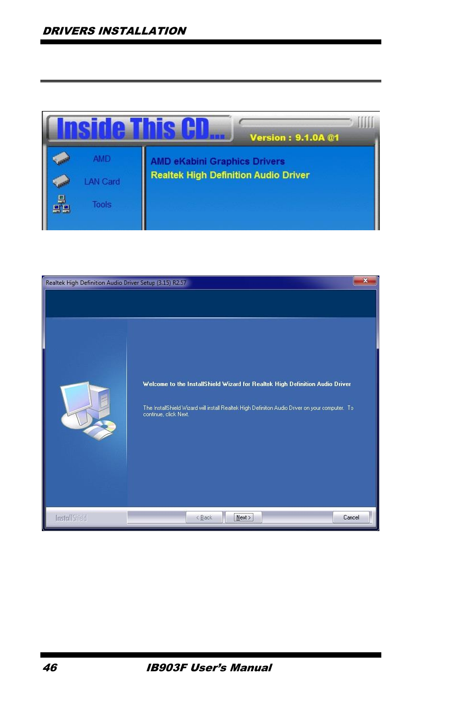 Realtek hd audio driver installation, Click realtek high definition audio driver, Restart the computer when prompted | Drivers installation, Ib903f user’s manual | IBASE IB903 User Manual | Page 50 / 58