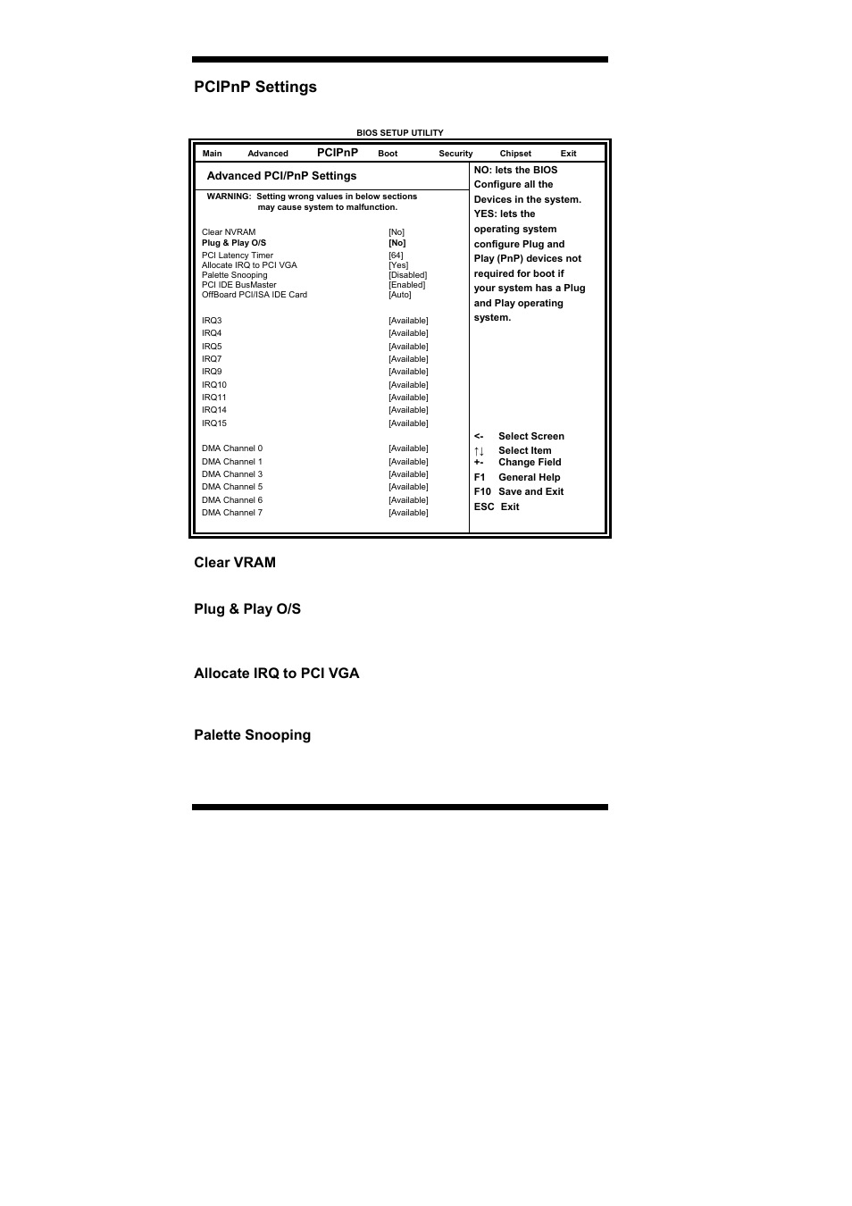 Pcipnp settings, Clear vram, Plug & play o/s | Allocate irq to pci vga, Palette snooping, Bios setup 26, Ib889 user’s manual | IBASE IB889 User Manual | Page 30 / 56